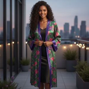 Victoria Secret Floral Green and Purple Women's Robe Missing Belt Large‎